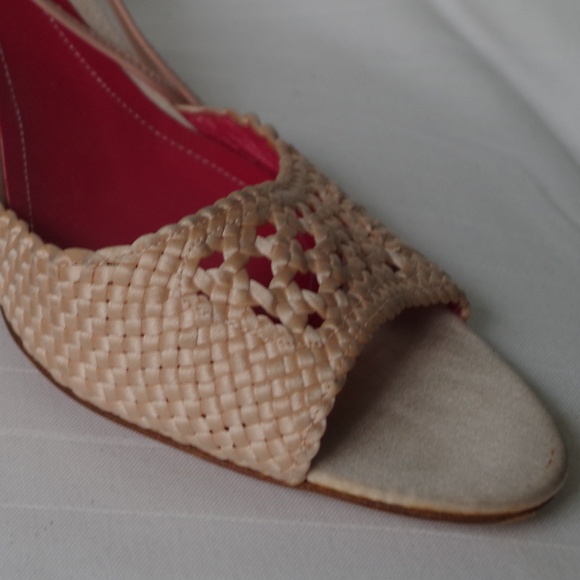 BCBG Rafia & Satin Nude "Natty" High Heel Ankle Tie Sandal- Sz. 9.5 - Picture 2 of 7